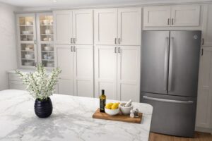 A kitchen rendering showcasing Pioneer Cabinetry in a bright, modern design layout.